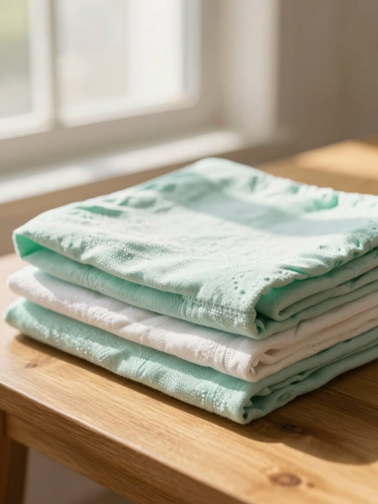 Close-up of freshly folded clean linen on a wooden table, soft morning light streaming through a window, warm and inviting atmosphere