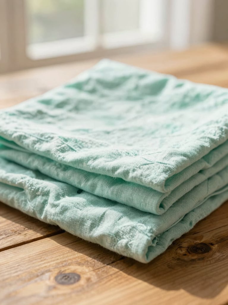 Close-up of freshly folded linen on a rustic wooden table, bright warm natural daylight, soft mint tones, shallow depth of field, 35mm