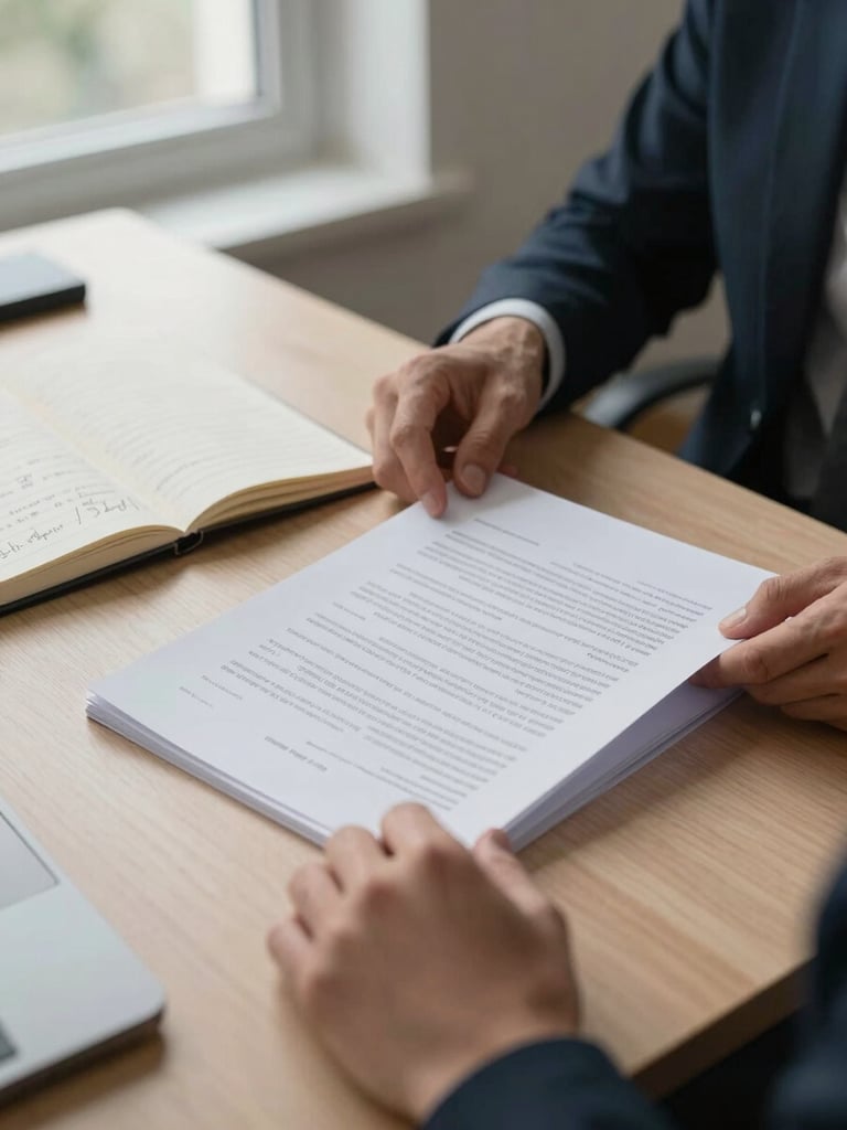 Wide shot of a desk in a private office, hands turning pages of a printed contract under soft natural window light, a closed notebook with handwritten financial annotations visible beside the documents, calm working atmosphere