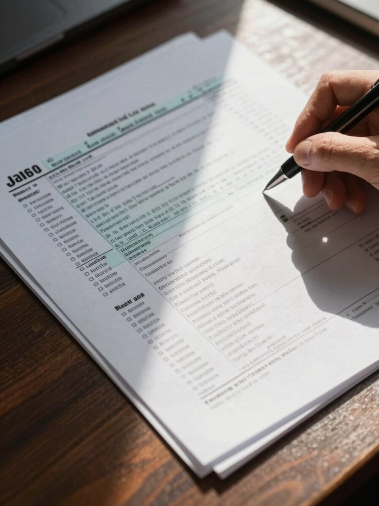Close-up overhead view of layered financial documents and a printed tax return spread across a dark wooden desk, a hand with a pen annotating figures in the margin, natural window light raking across the paper surface from the right