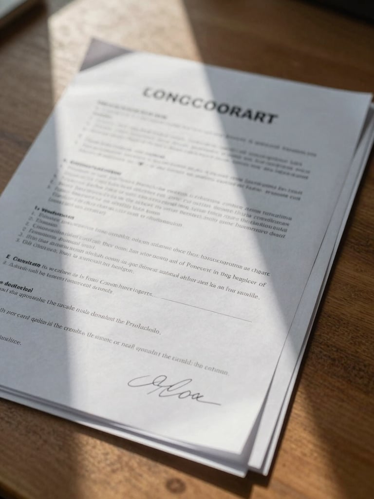 Close-up overhead view of layered financial contract pages spread on a wooden desk, handwritten margin notes visible, natural window light casting soft shadows across the paper edges