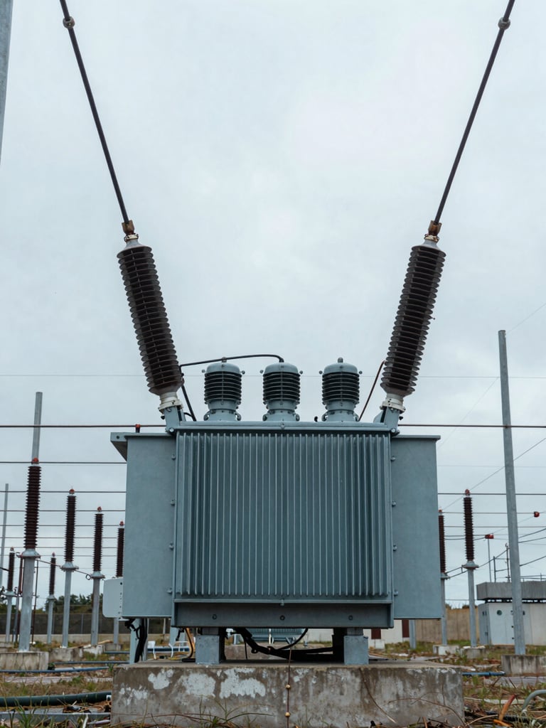 Subestación eléctrica de alta tensión con transformadores y líneas de distribución, día nublado, tonos grises y azules, industrial photography, cool overcast daylight, desaturated blue and steel tones, sharp focus, high contrast, 35mm lens