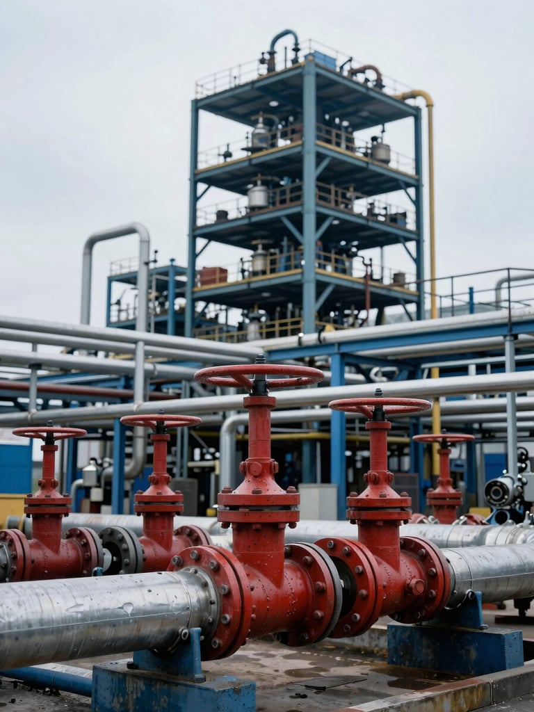 Red de tuberías industriales interconectadas en una planta de procesamiento, acero al carbono y acero inoxidable, soldadores trabajando, iluminación industrial, industrial photography, cool overcast daylight, desaturated blue and steel tones, sharp focus, high contrast, 35mm lens