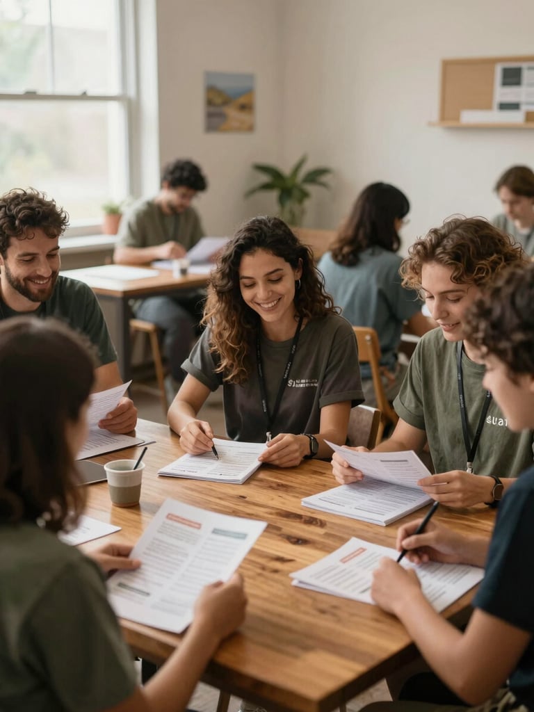A cozy community room workshop with a diverse group of volunteers sitting around a wooden table, smiling and reviewing printed guides, warm lighting.