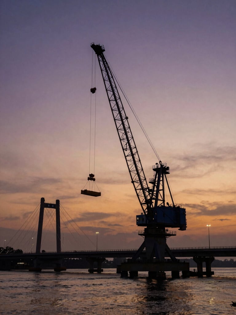 Wide dusk panoramic of a heavy crane mid-lift at the Peringathur Bridge, crane boom silhouetted against deep amber and violet sky, bridge pylons visible, river below catching last light