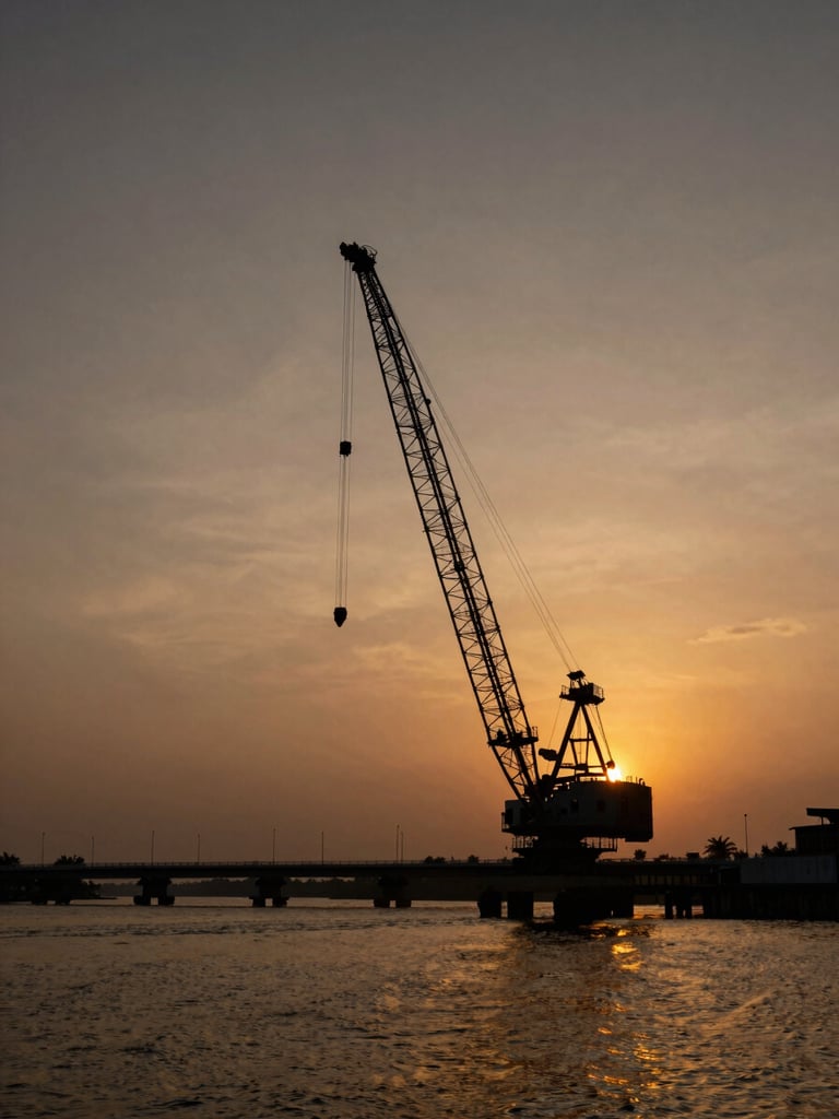 Wide low-angle shot at dusk, a towering hydraulic crane mid-lift over a Kerala waterway bridge, the boom silhouetted against a deep amber and charcoal sky, water reflecting golden-hour light below, vast negative space in the upper frame