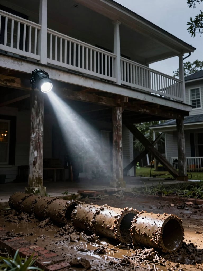 High-contrast utility flashlight beam illuminating mud tubes on a brick pier beneath a raised Louisiana shotgun house, dark shadows, sharp focus.