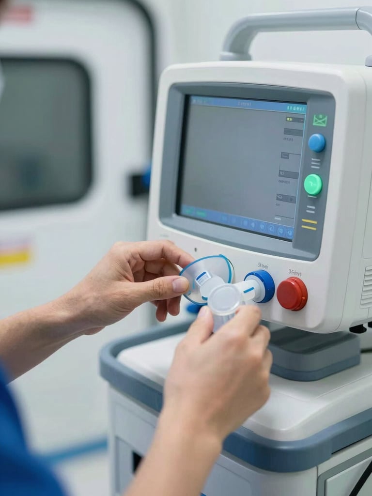 Close-up of clinical hands adjusting a high-tech ventilator interface inside a bright, clean ICU ambulance, soft daylight, sharp focus, professional clinical photography, 35mm