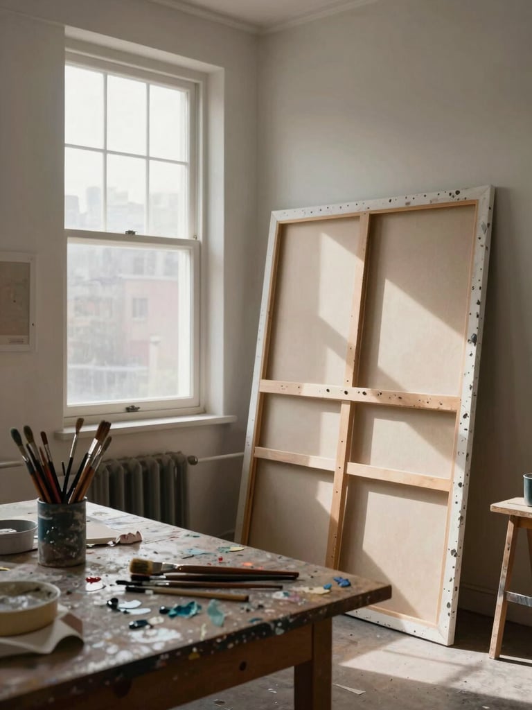 Wide environmental shot of a painter's studio interior, afternoon window light falling across a large canvas leaning against the wall, brushes and paint-stained rags on a wooden table in the foreground, no person present — the built environment of creative practice, north-facing light, quiet and specific