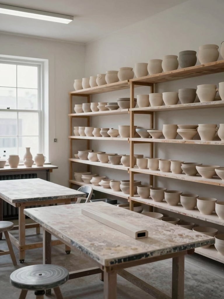 Environmental portrait of a ceramicist's studio interior, shelves of finished and unfinished work lining the walls, a wedging table in the foreground, north-facing window light, no people — wide shot showing the full scale of the working space