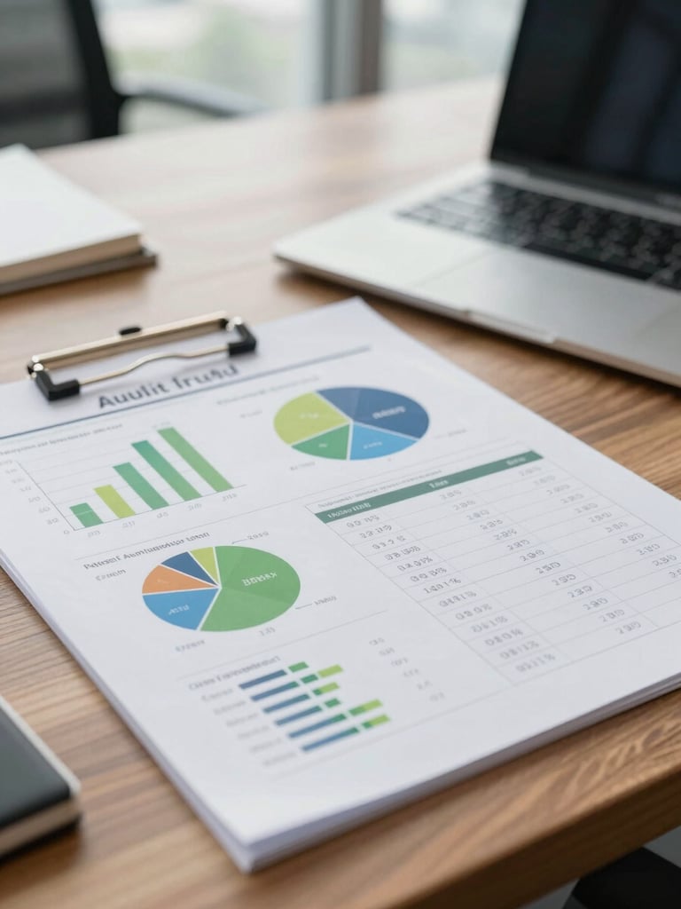 Close-up of technical audit documents with charts and carbon footprint calculations on a modern wooden desk, professional corporate office lighting, sharp focus, 35mm