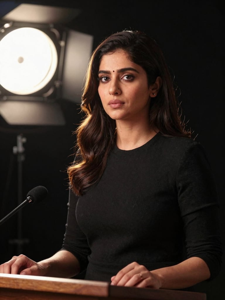 Tight portrait of Mansi Sharma at a speaking podium, hands resting intentionally on the surface, direct gaze slightly off-camera, controlled studio-quality light from the left casting clean definition, black backdrop, gold edge-light catching her shoulder