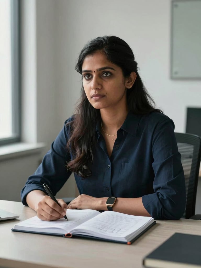 Close portrait of a composed Indian woman at a modern desk, natural north-facing daylight from the left, hands resting on an open notebook with handwritten frameworks visible, expression intentional and still, shallow depth with a clean office wall behind