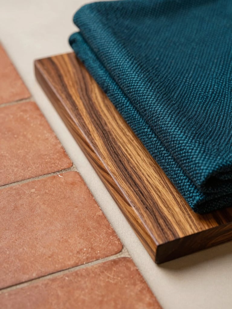 A close-up of tactile regional materials, featuring warm terracotta tiles, polished local teak wood, and deep teal handwoven textiles resting on a soft ivory surface.