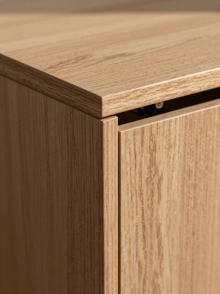 Extreme close-up of bespoke cabinet corner joinery, hand-finished oak veneer edge, concealed hinge hardware, north-facing daylight picking up the grain texture, no props