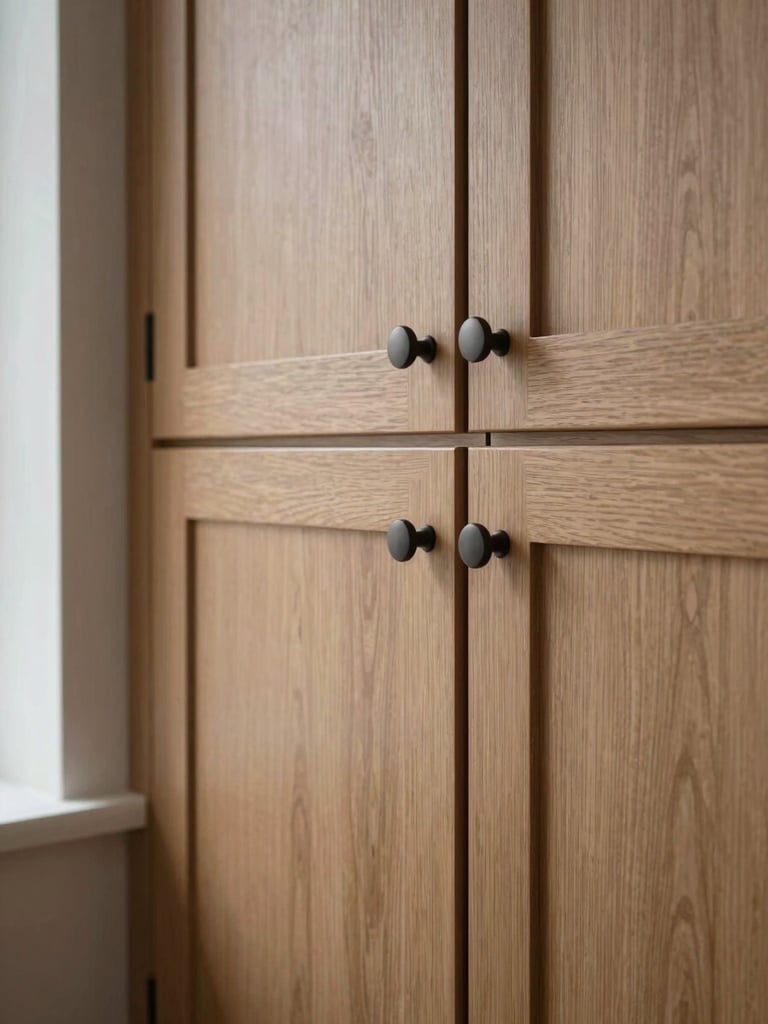 Close-up portrait of a bespoke kitchen cabinet wall — matte wood-grain doors, recessed pulls, tight joinery seams visible, north-facing daylight from the left, no props, no styling