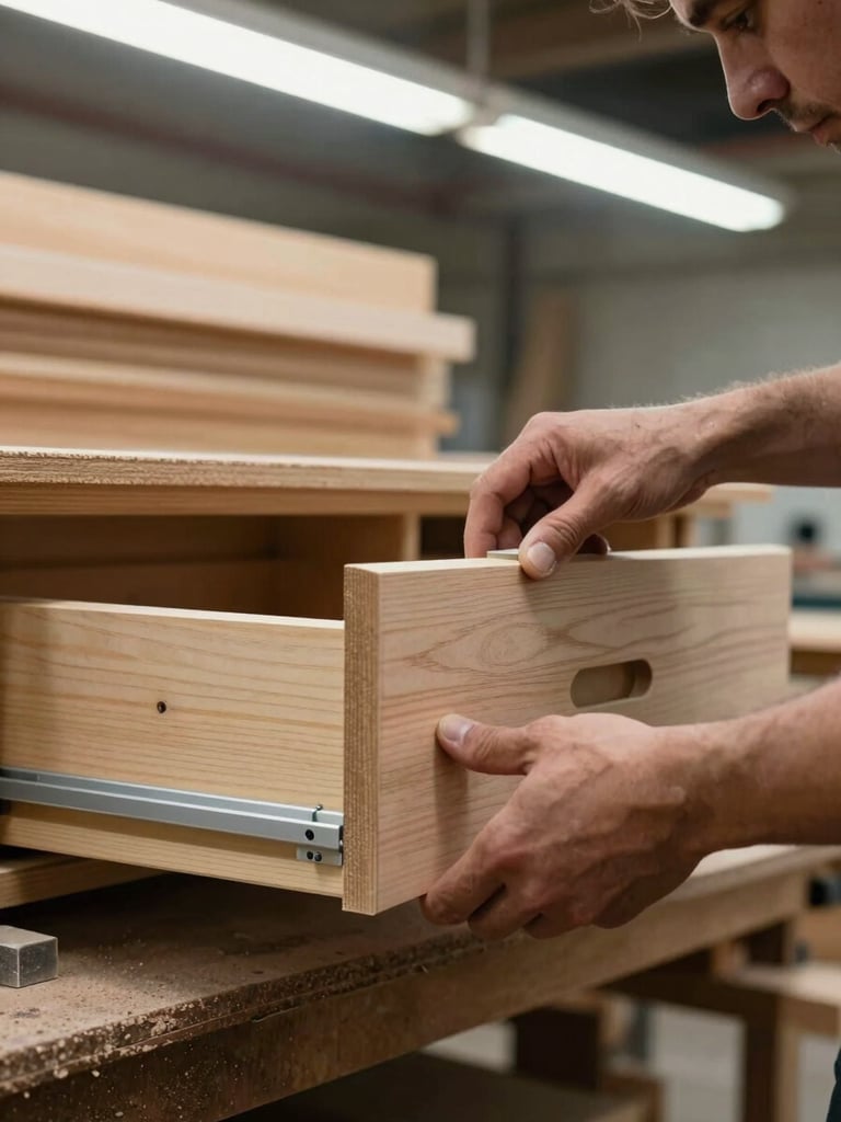 Close-up of a cabinet maker's hands fitting a drawer slide in a fabrication workshop, overhead fluorescent shop lighting, raw timber panels stacked in the background, joinery jig visible on the bench, no colour grading