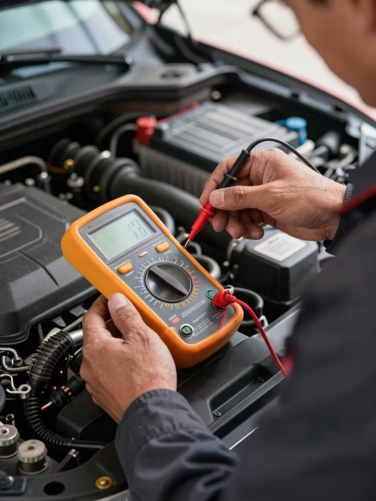 Tight close-up of a technician in a dark work uniform using a digital multimeter to test a car battery alternator under the hood in bright daylight.