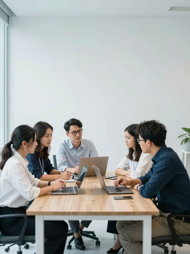 Clean minimalist office space in Bogor, bright natural daylight with cool blue undertones, professional technology team discussing strategic plans around a wooden table, 35mm lens