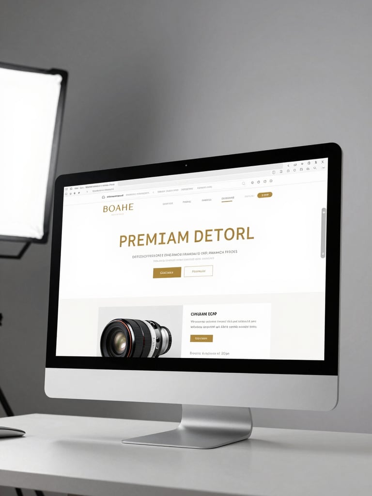 Wide-angle studio shot of a premium brand website displayed on a large desktop monitor, crisp white interface with gold typographic hierarchy, clean desk surface, sharp studio strobe lighting from the left, finished product photography at full scale