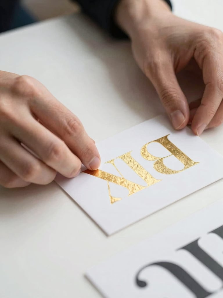 Extreme close-up of a designer's hands arranging typographic specimen cards on a clean white table, gold foil letterpress details visible on one card, sharp studio strobe light, high contrast, no faces