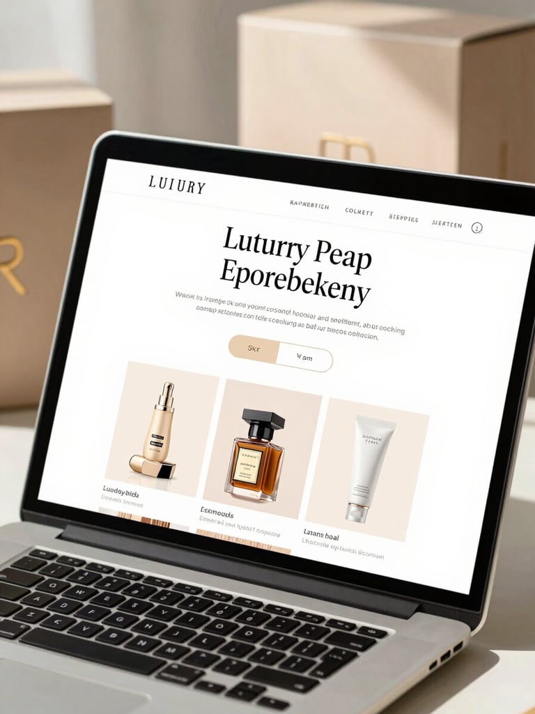 Close-up of a luxury e-commerce product page displayed on a thin-bezel laptop, champagne and white color palette, editorial typographic layout, sharp daylight streaming from upper-left, foil-embossed packaging visible in the background, finished work at full scale