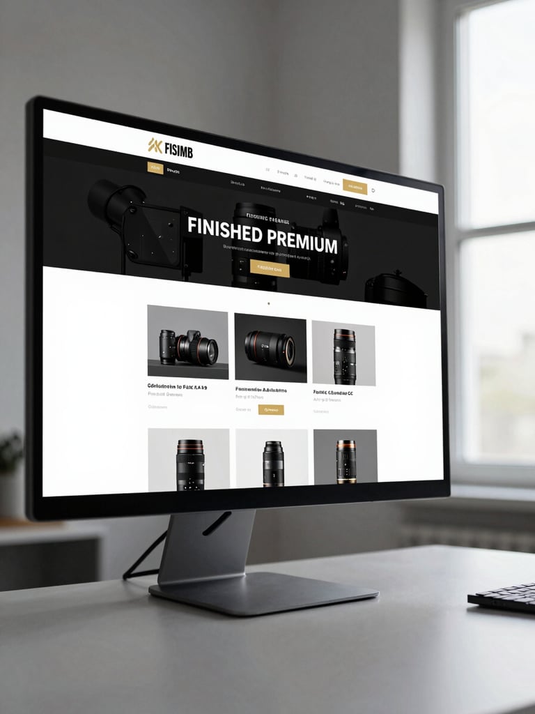 Finished premium website displayed on a large monitor in a clean studio workspace, screen showing a high-contrast typographic layout with gold accent UI elements, left side of frame, crisp daylight from a window to the right, minimal desk surface visible