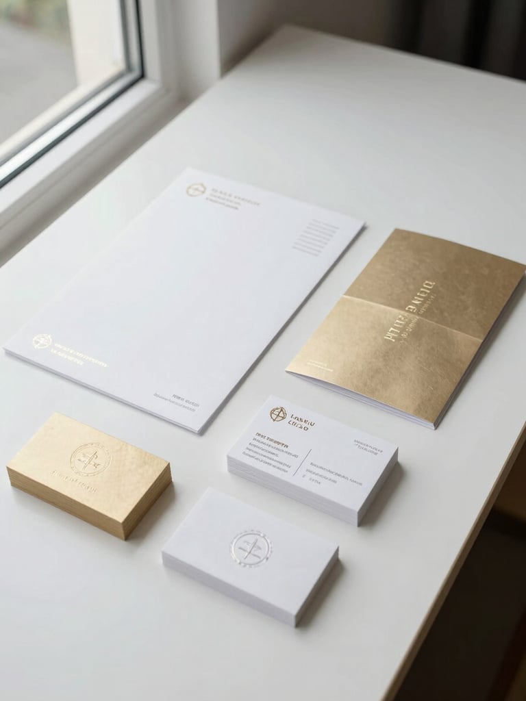 Wide studio table view from above, a completed luxury brand identity system laid flat — foil-stamped stationery, embossed business cards, and a folded brand guidelines document, crisp daylight from a tall window to the left, champagne gold and white tones, clean white surface, high contrast, no people