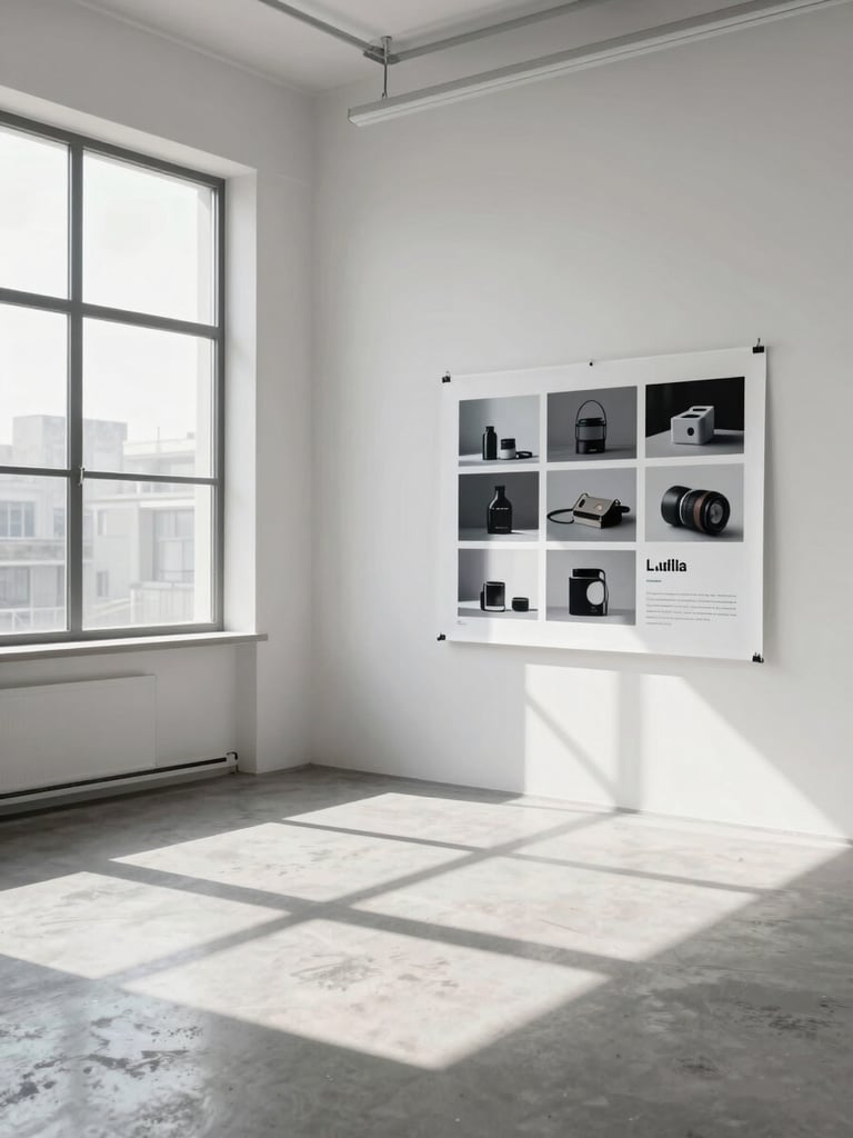 Wide-angle view inside a pristine white studio workspace, a large-format print of a completed brand identity system pinned to the right wall, crisp daylight from tall windows, geometric shadow lines across polished concrete floor, no people