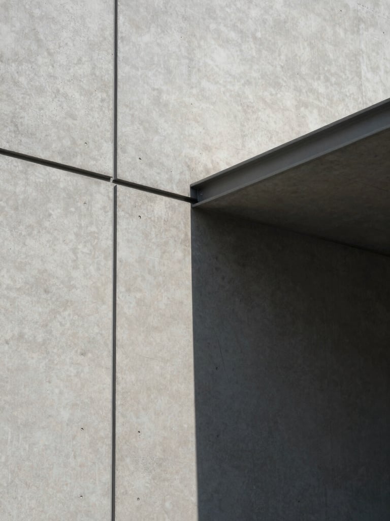 Overcast daylight on a concrete facade with sharp geometric shadows, minimalist steel lines, architectural crop.