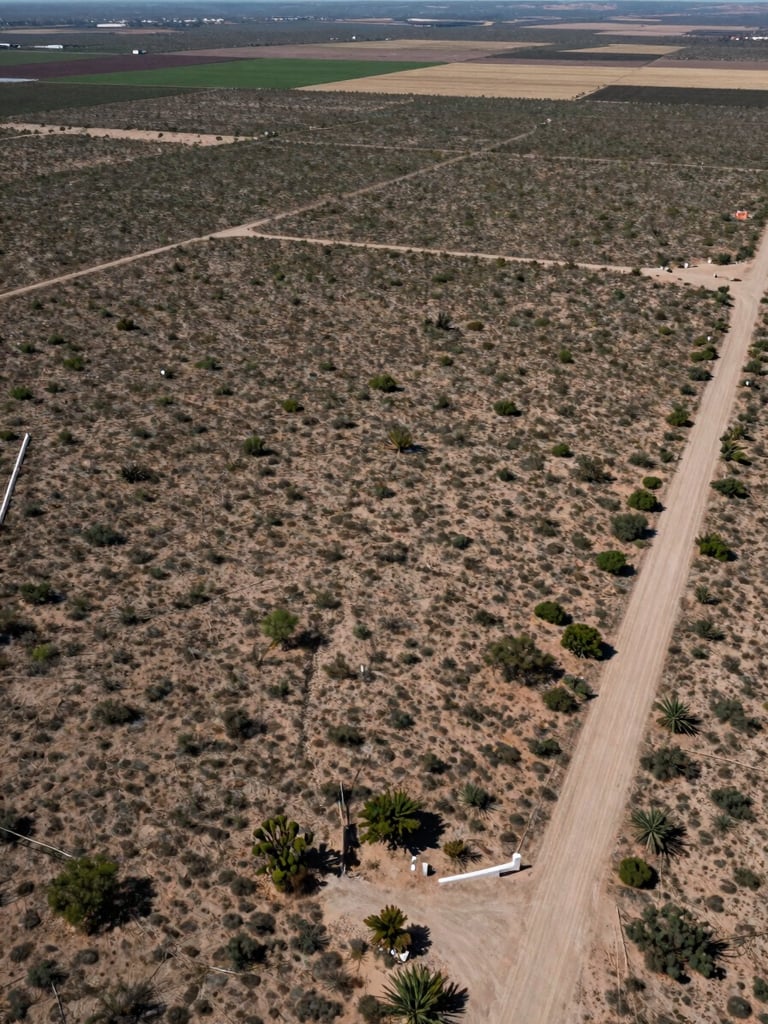 Wide aerial view looking north over an undeveloped terrain parcel in northern Mexico, natural daylight, midday sun, visible lot boundary markers at parcel corners, a dirt access road entering from the south edge, sparse desert scrub vegetation, neighboring agricultural plots visible at the far horizon, no people, no structures inside the parcel