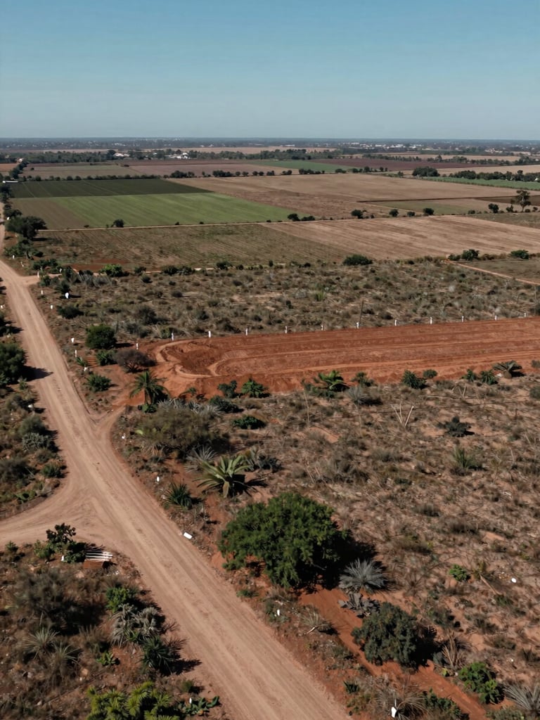 Wide aerial ground-level view of a southern Mexican terrain parcel at midday, shot from a low drone angle looking across the expanse — visible lot boundary markers at the far edge, a dirt access road cutting diagonally into the frame from the lower left, scrub vegetation and reddish-brown clay soil in the foreground, neighboring agricultural parcels visible in the distance, flat horizon, no people, no structures