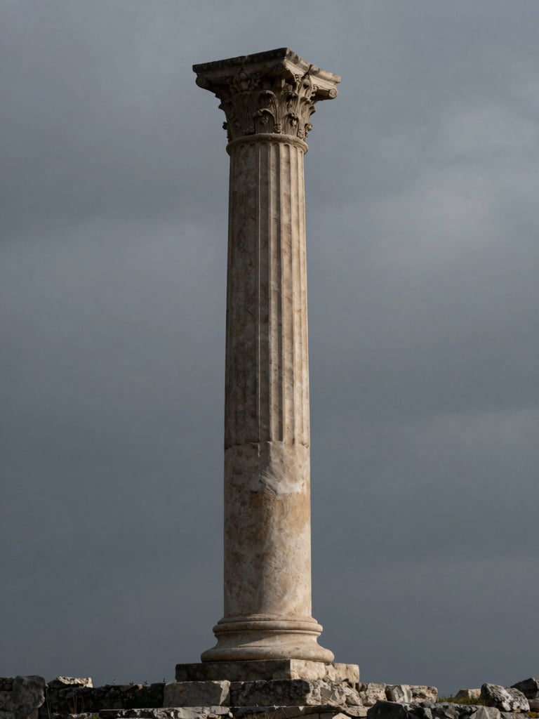 A wide, isolated environmental shot of a single classical stone pillar standing against an overcast, moody sky. Low-key dramatic lighting, deep shadows, high-contrast, evoking ancient wisdom and timeless authority.