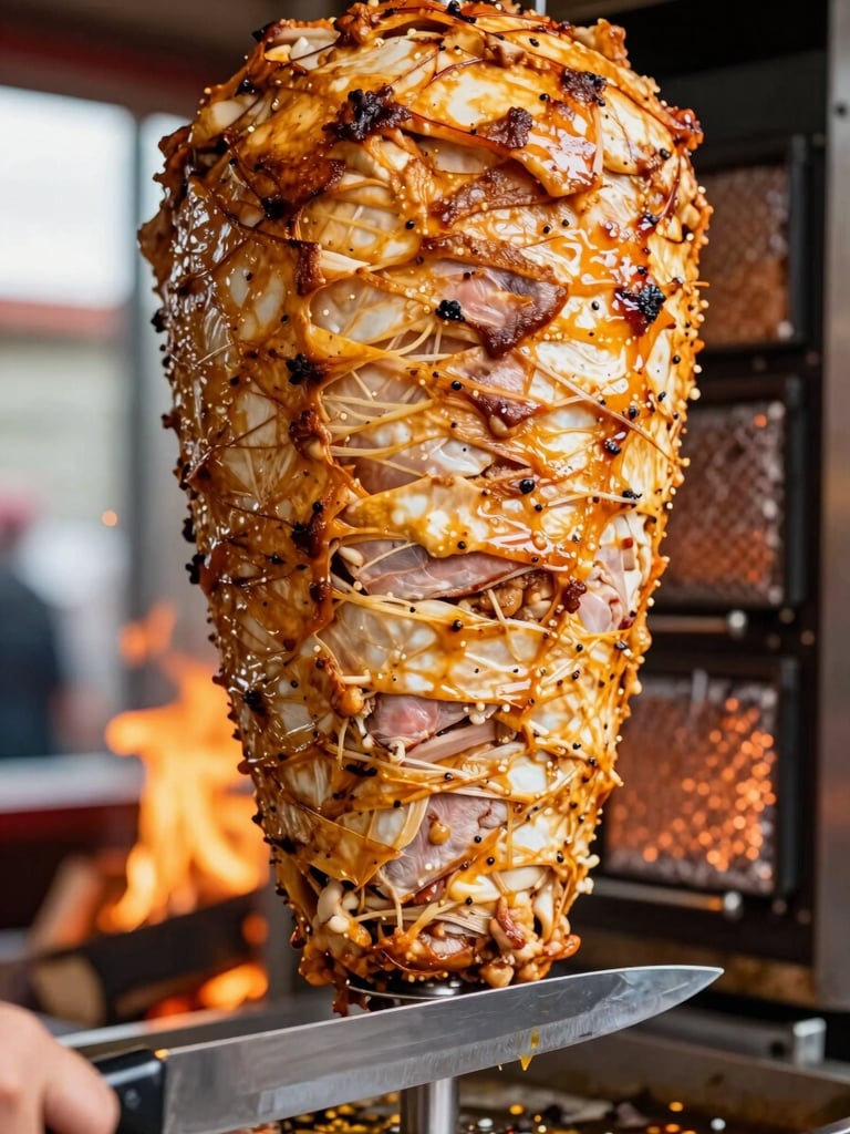 Close-up of golden-brown chicken döner being sliced from the spit with a long knife, sparks from wood fire in background.