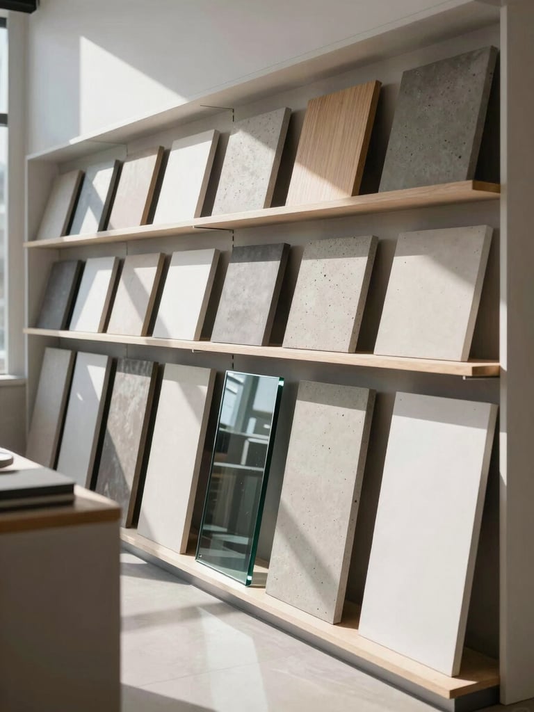 Bright natural daylight illuminating a spacious architectural material showroom, display racks with neatly organized samples of concrete, timber, and glass, sharp geometric shadows, clean minimalist composition, 35mm