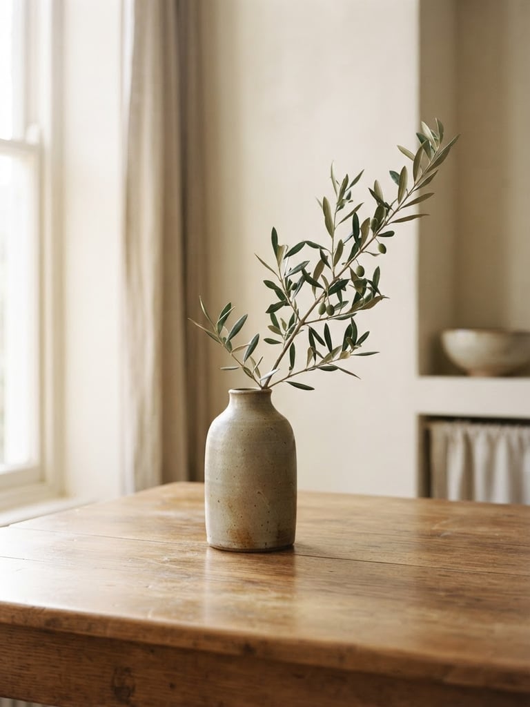A single ceramic vase with a delicate olive branch on a clean wooden table, soft morning window light, warm neutral tones, 35mm lens