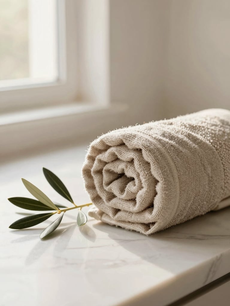 Close up of a rolled linen towel next to a small olive branch on a polished marble surface, warm morning light