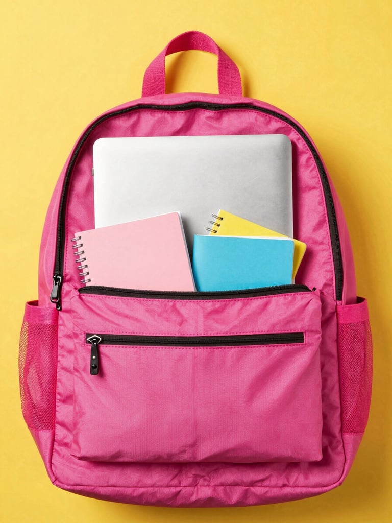 Top-down flat lay of a vibrant pink backpack open, showing neatly organized pockets with a laptop, notebook, and colorful accessories, bright high-key lighting, yellow backdrop