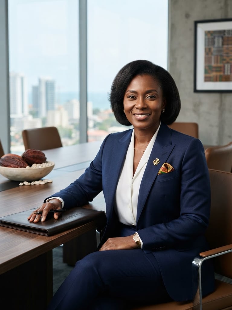 A professional portrait of a Pan-African trade director in a modern Accra boardroom, soft natural daylight, deep navy suit, confident expression, editorial style