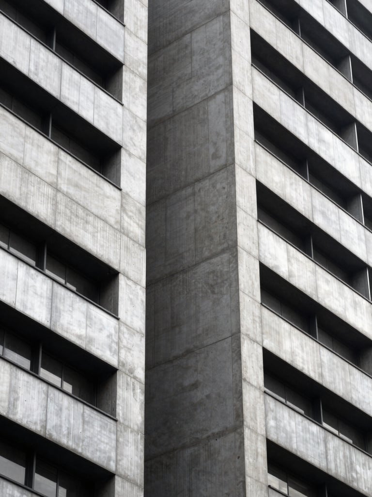 Symmetrical architectural detail of a modern concrete and steel office building facade in São Paulo, sharp angles, cool metallic silver tones, high contrast.