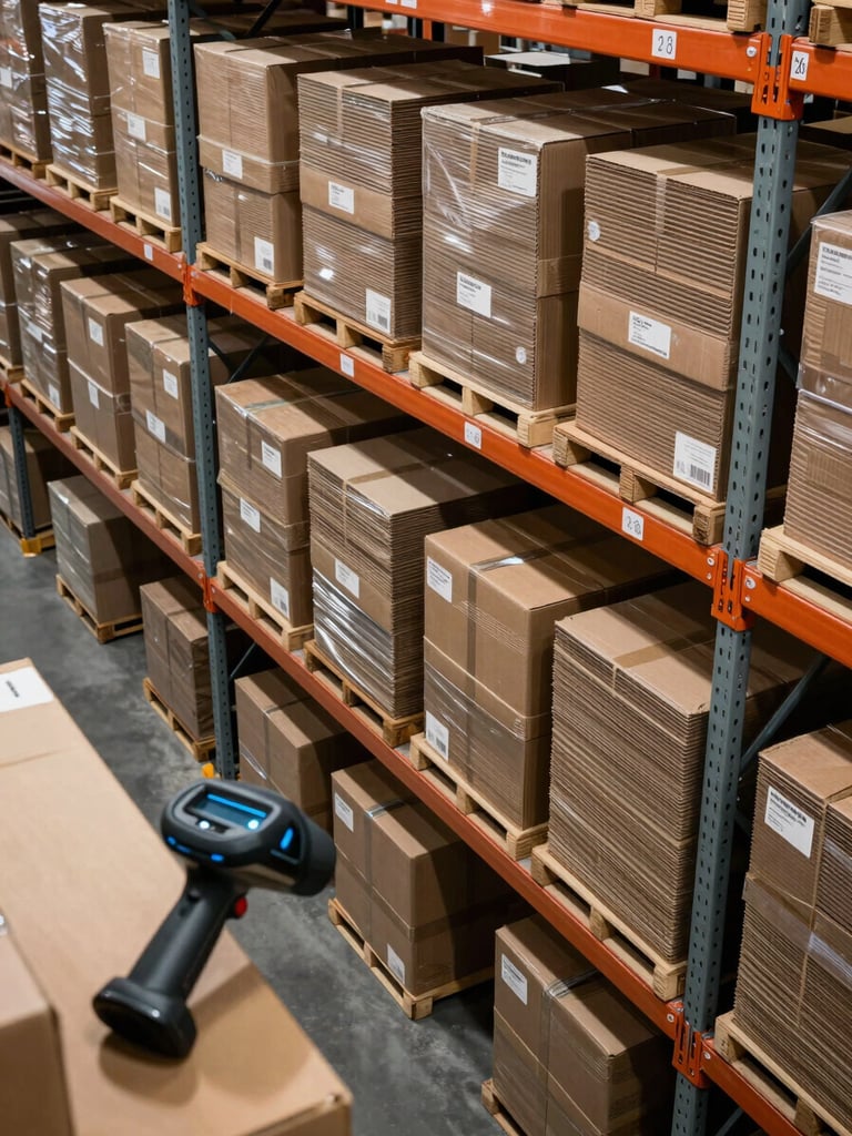 Overhead view of a logistics distribution center, labeled corrugated cartons organized in numbered bin rows on metal shelving, ambient warehouse lighting, a handheld scanner resting on a shelf edge in the lower-left corner