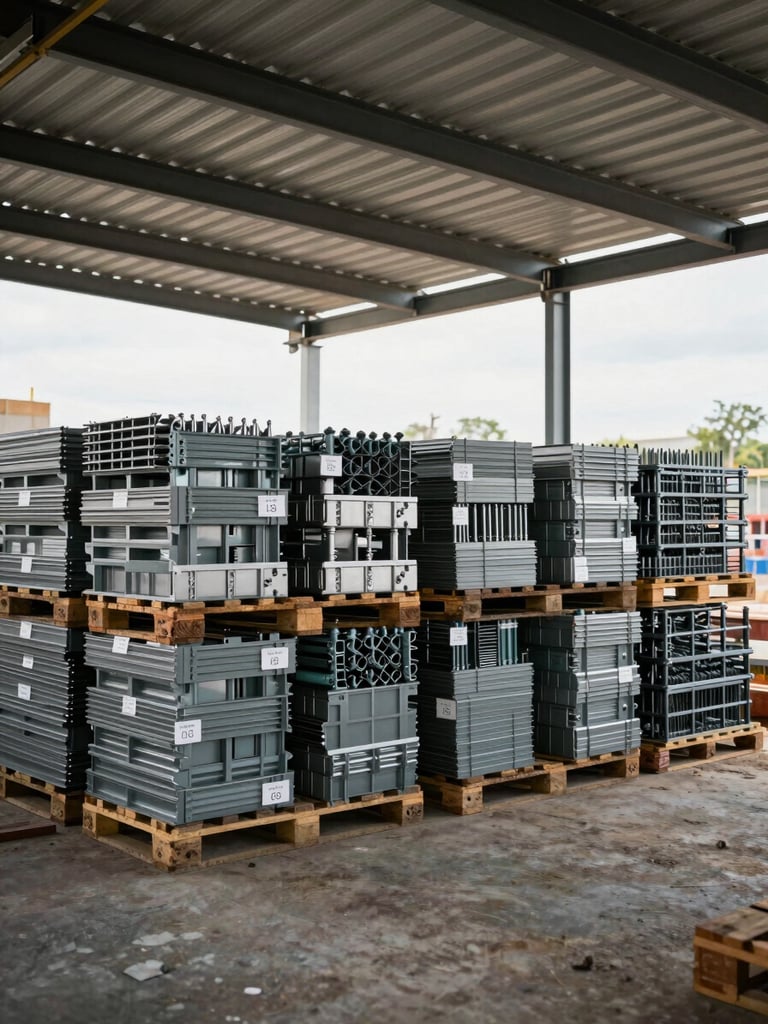 Wide-angle view of an active construction staging area, pallets of labeled structural brackets and anchor hardware stacked in organized rows under a corrugated metal roof, diffuse north-facing daylight, no workers in foreground