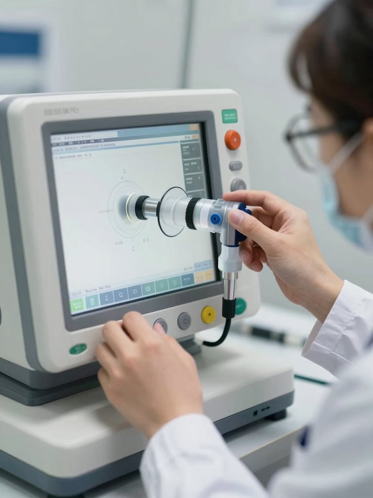 Close-up of a certified biomedical engineer calibrating a high-tech medical ventilator screen, clinical white light, precise focus
