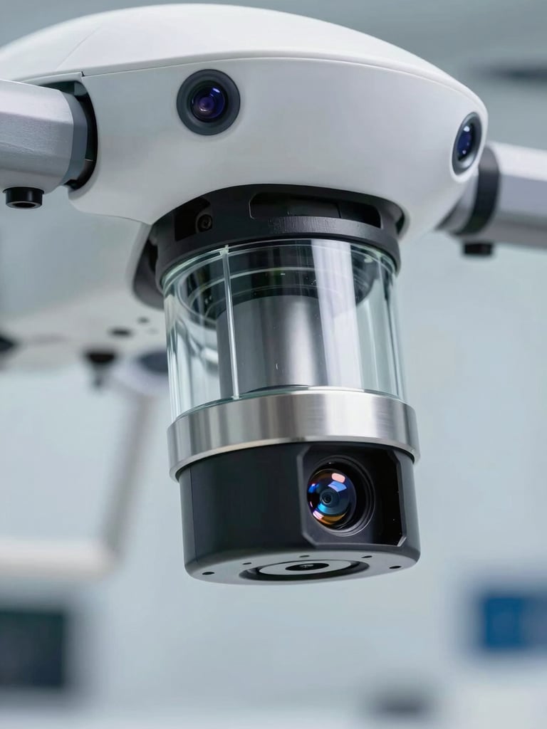 Extreme close-up of a high-precision agricultural drone sensor, clean brushed metal and glass, clinical laboratory background with cool white lighting.