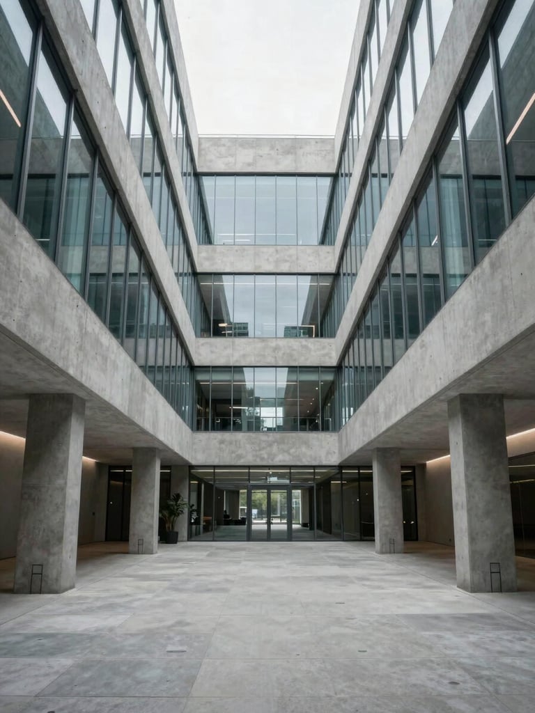 Symmetrical, wide-angle shot of a minimalist concrete and glass corporate headquarters interior, cool overcast daylight, sharp clean lines, no people.