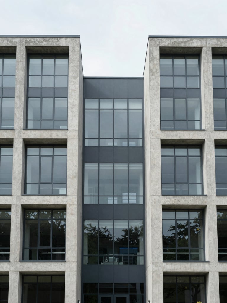 Symmetrical architectural shot of a modern concrete and glass institutional facade, diffused overcast daylight, clean lines, minimalist composition.