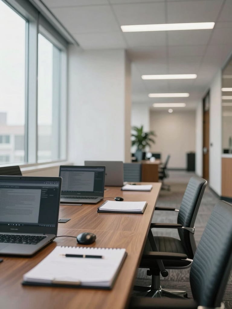 Wide interior shot of a professional office suite in a DFW commercial building — a conference table with laptops and legal notepads visible, natural window light flooding in from the left, clean white walls and gray carpet, depth of field softening the background hallway, no people present