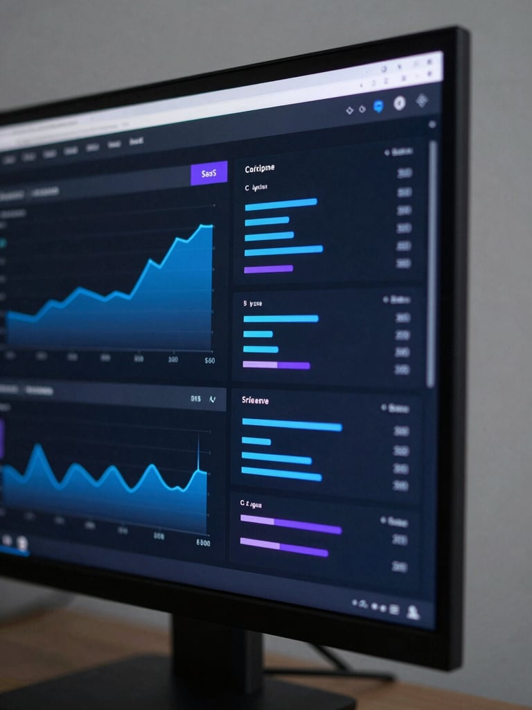 Extreme close-up angle of a dark SaaS dashboard interface on a modern monitor, cold studio lighting, electric blue data charts and violet accent glows visible on the screen, minimal workspace, high contrast, no people