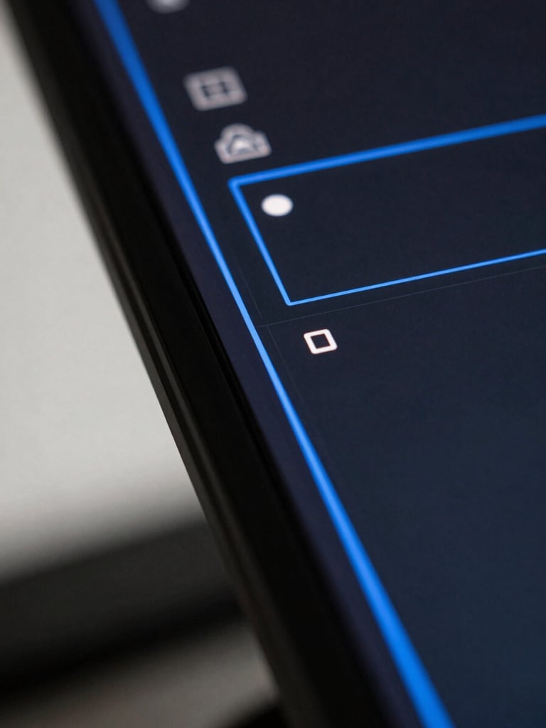 Extreme close-up of a dark-mode interface screen edge, showing layered UI panels in near-black with electric blue glow along component borders, cold surgical strobe from the left, high contrast, no people, depth of field blur on background layers