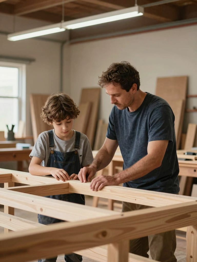 Warm natural daylight illuminating a modern carpentry workshop, a mentor guiding an apprentice on a wooden structure, shallow depth of field, authentic interaction, 35mm lens.